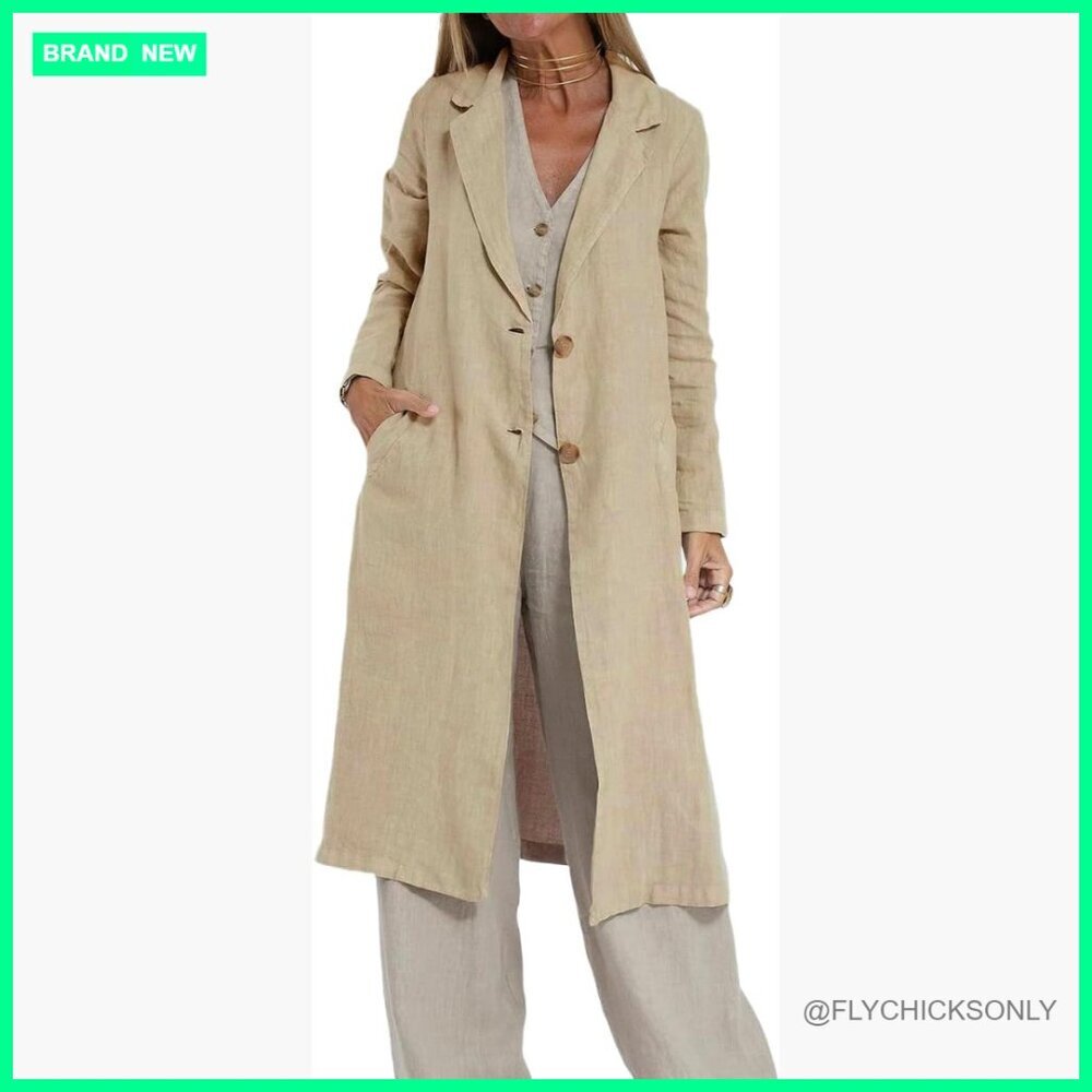 Long Linen Blazer Trench Coat Casual Lightweight Button Front